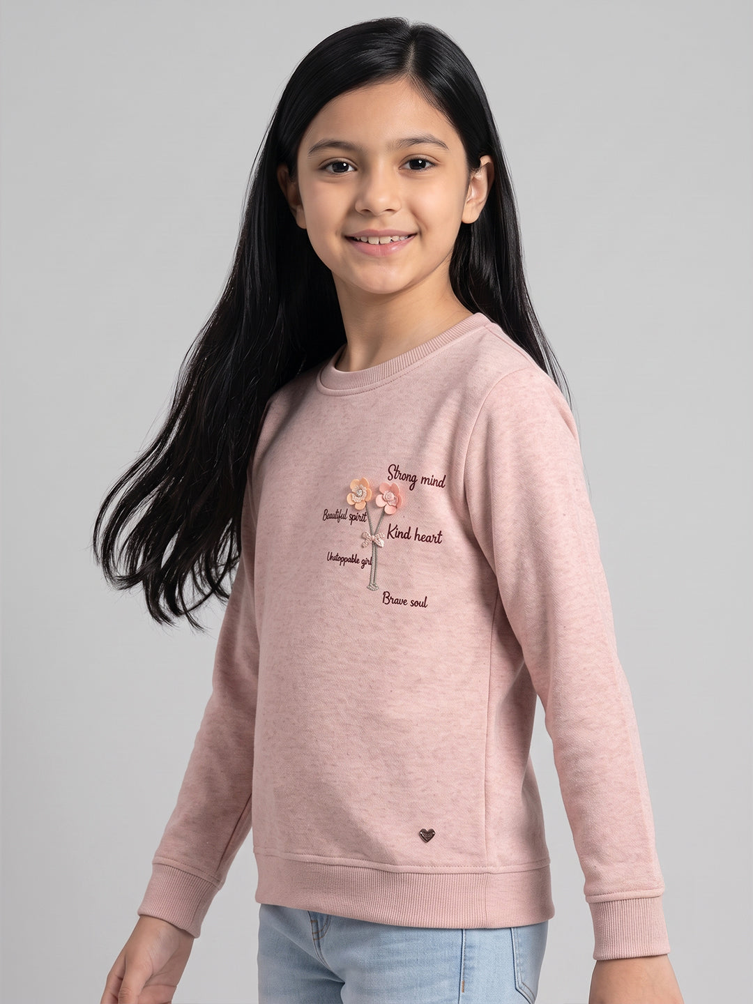 Girls Pink Self Design Round Neck Full Sleeve Sweatshirt