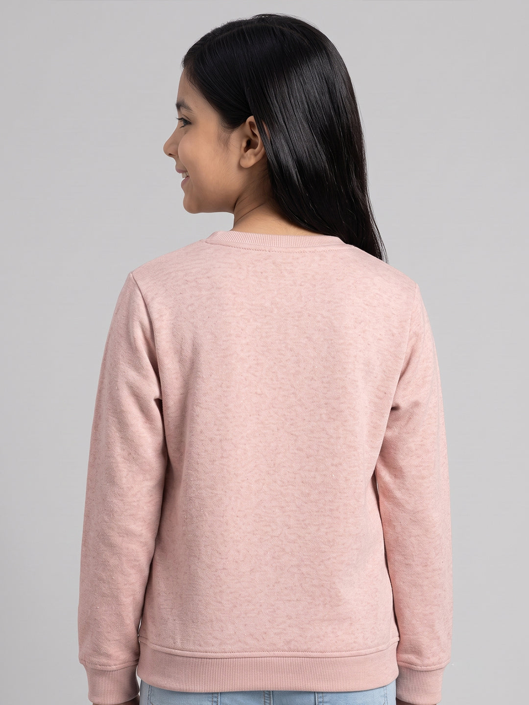 Girls Pink Self Design Round Neck Full Sleeve Sweatshirt