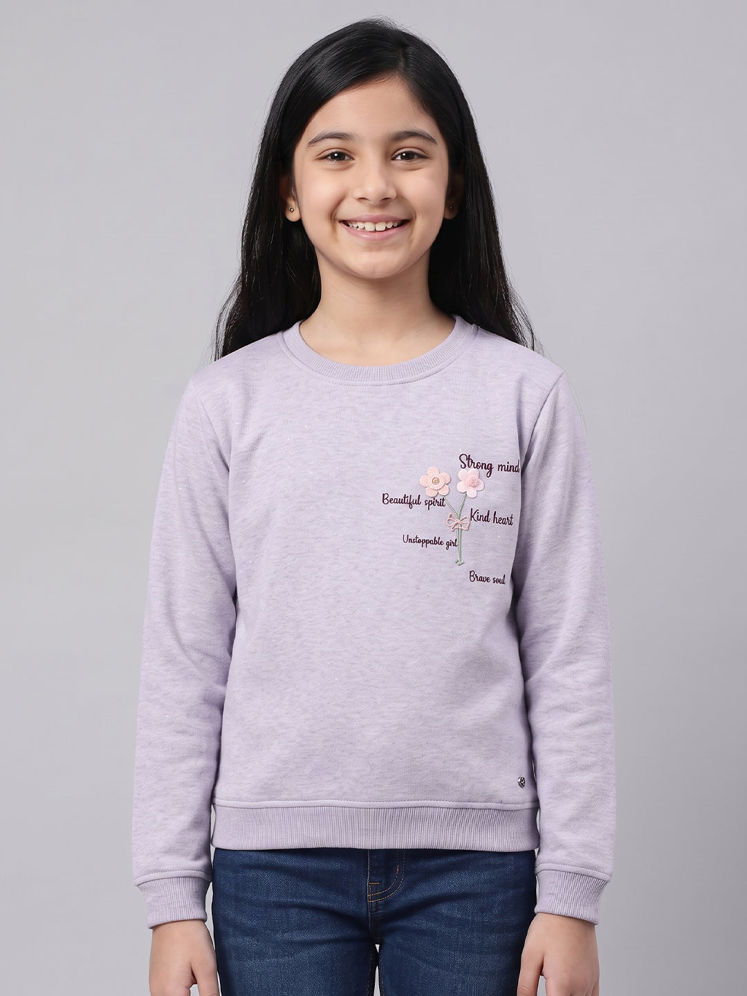 Girls Purple Self Design Round Neck Full Sleeve Sweatshirt