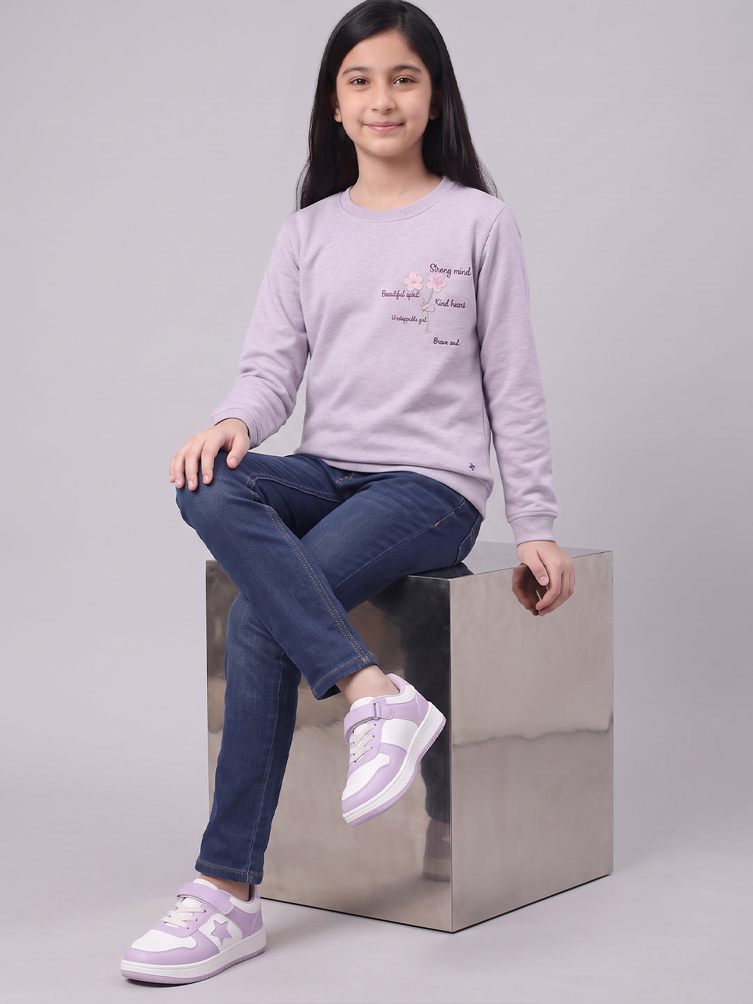 Girls Purple Self Design Round Neck Full Sleeve Sweatshirt