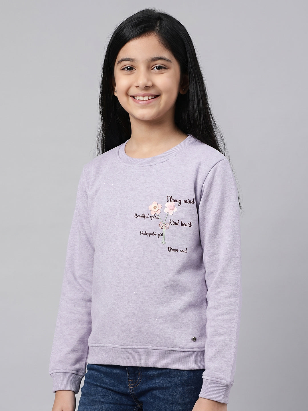 Girls Purple Self Design Round Neck Full Sleeve Sweatshirt