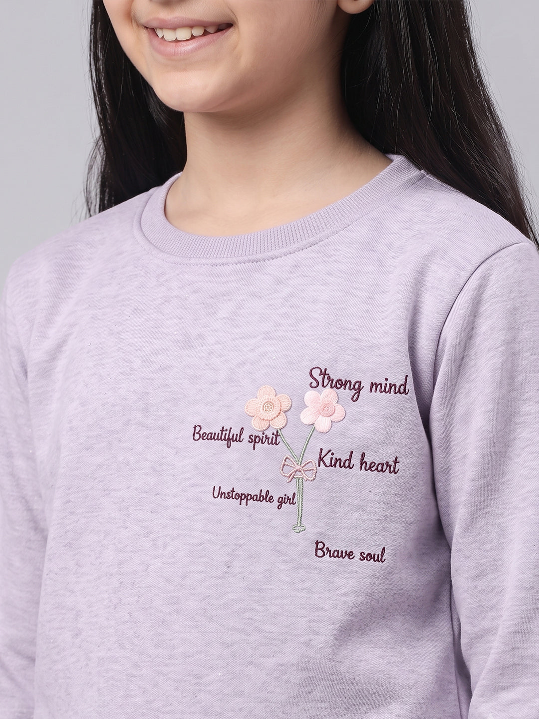 Girls Purple Self Design Round Neck Full Sleeve Sweatshirt