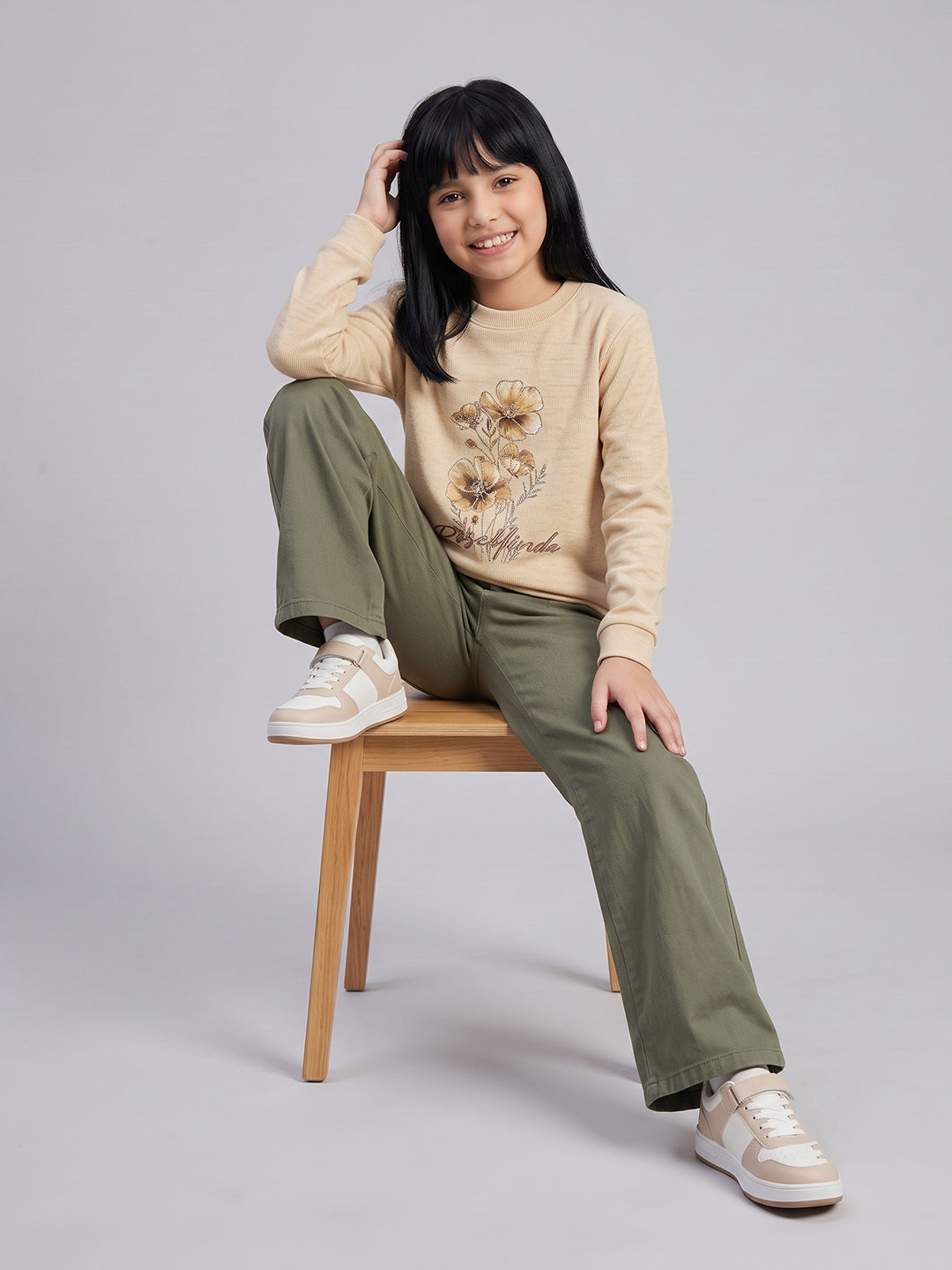 Girls Beige Printed Round Neck Full Sleeve Sweatshirt