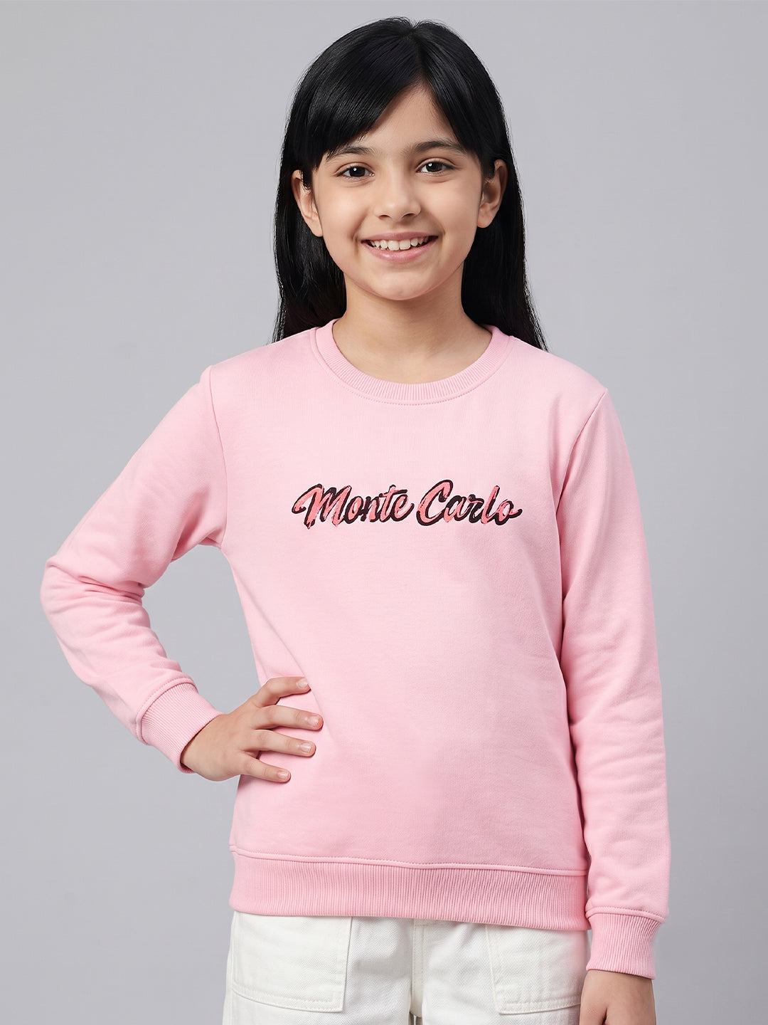 Girls Pink Printed Round Neck Full Sleeve Sweatshirt