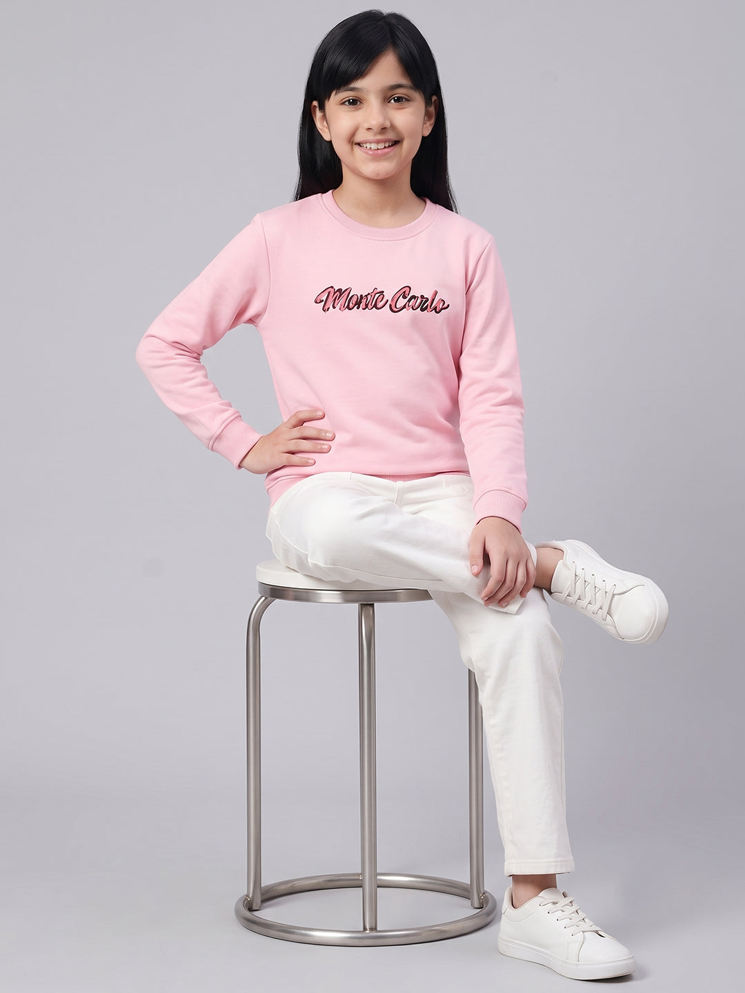 Girls Pink Printed Round Neck Full Sleeve Sweatshirt