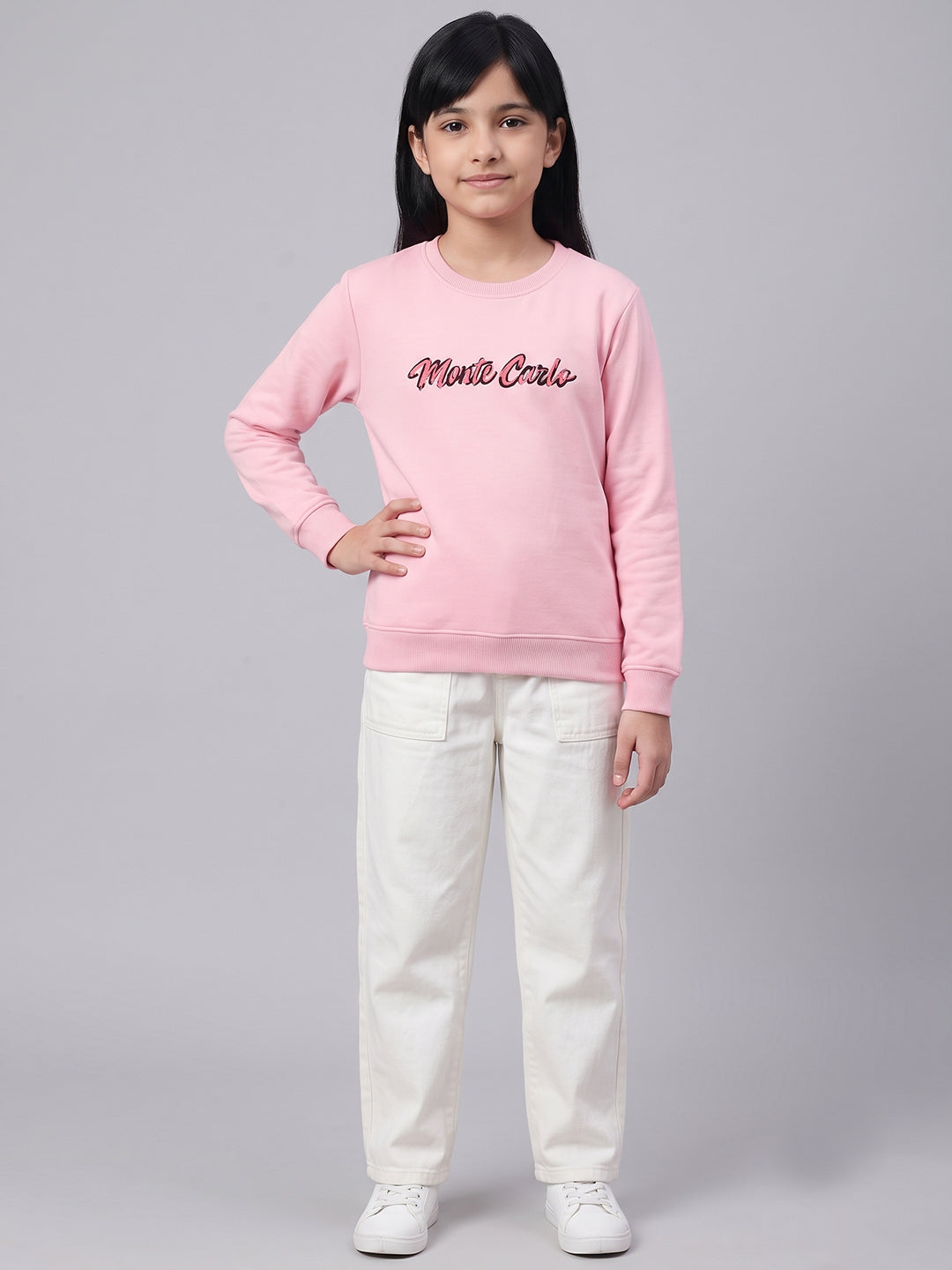 Girls Pink Printed Round Neck Full Sleeve Sweatshirt