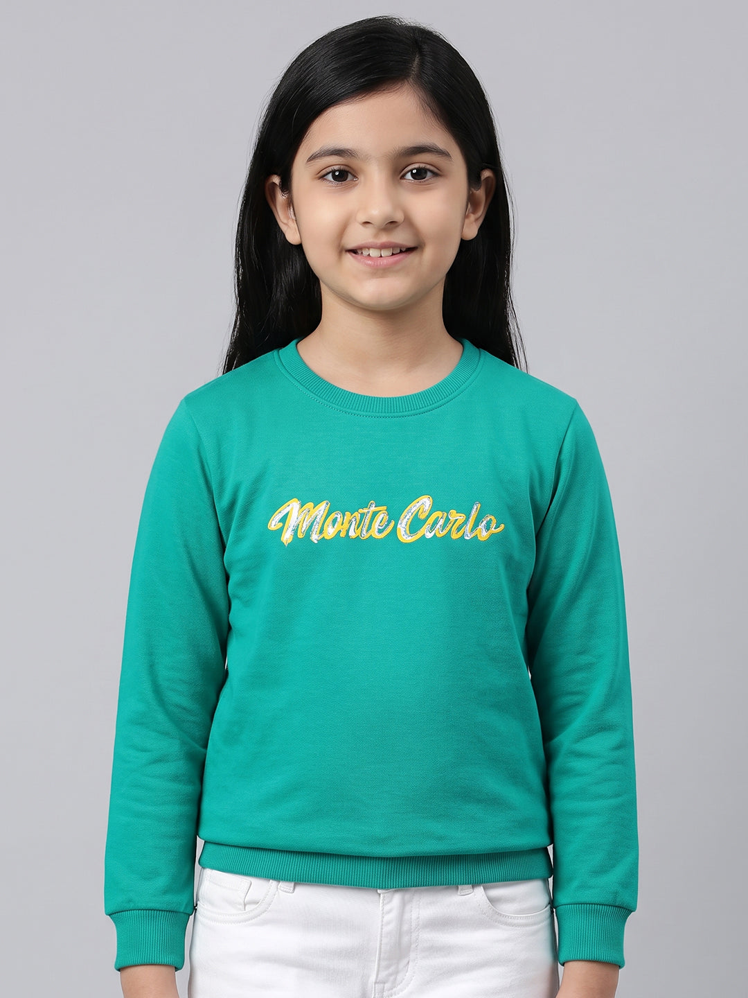 Girls Sea Green Printed Round Neck Full Sleeve Sweatshirt