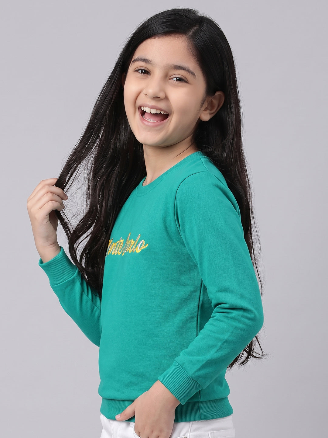 Girls Sea Green Printed Round Neck Full Sleeve Sweatshirt