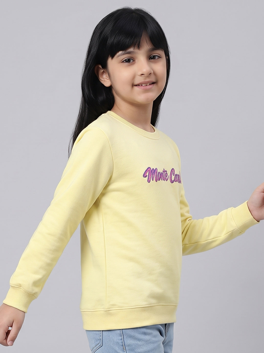 Girls Yellow Printed Round Neck Full Sleeve Sweatshirt
