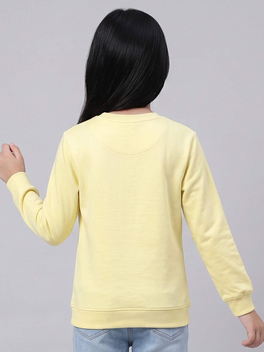 Girls Yellow Printed Round Neck Full Sleeve Sweatshirt