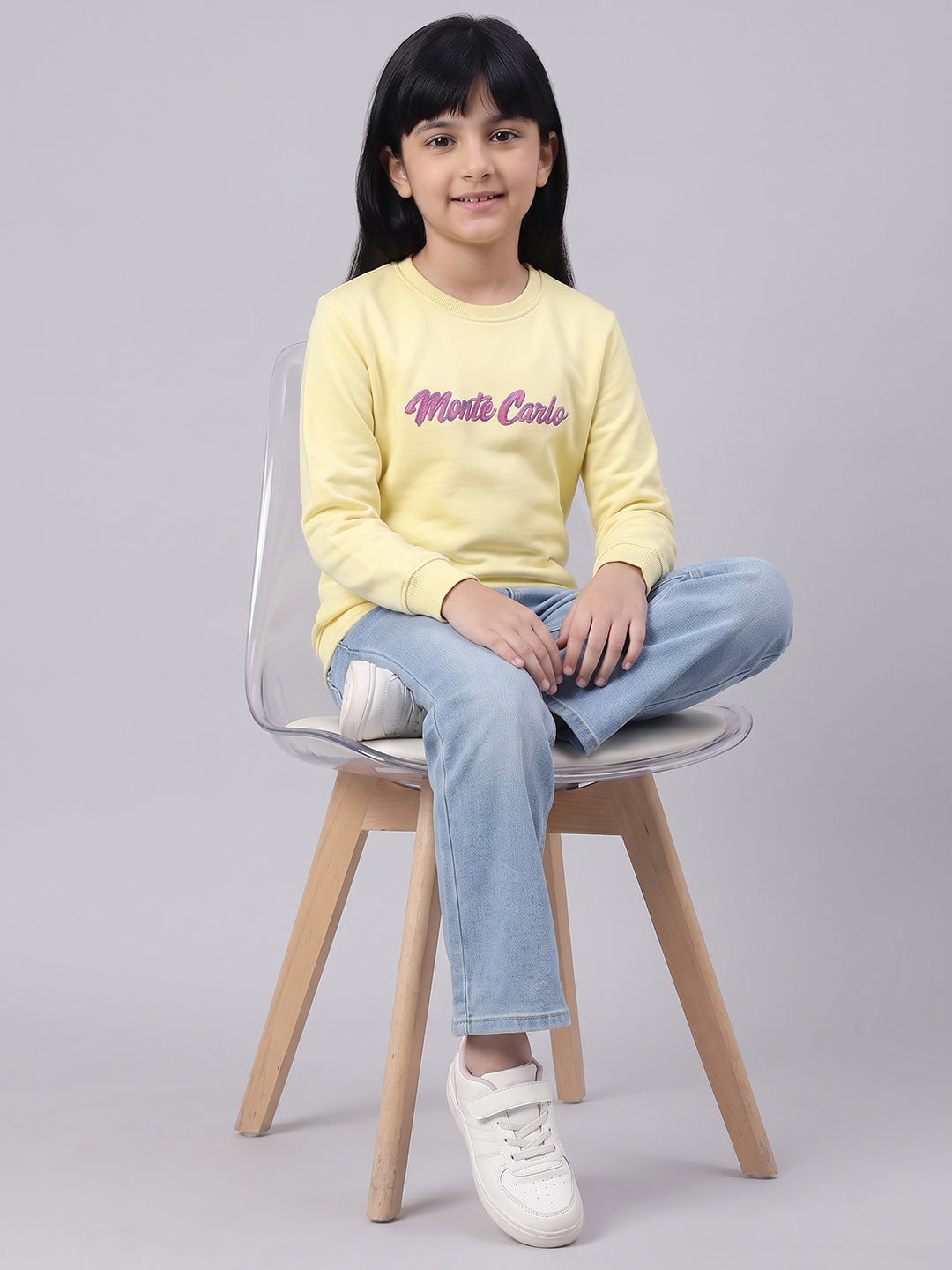 Girls Yellow Printed Round Neck Full Sleeve Sweatshirt
