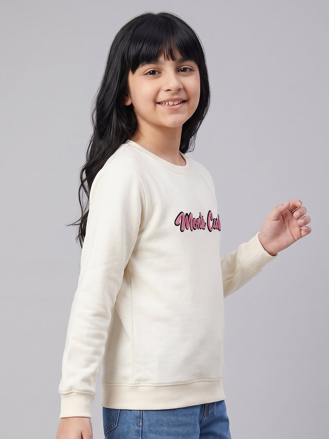 Girls Off White Printed Round Neck Full Sleeve Sweatshirt