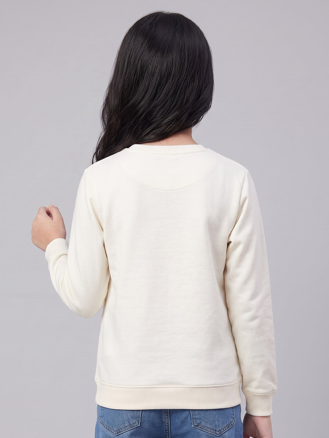 Girls Off White Printed Round Neck Full Sleeve Sweatshirt