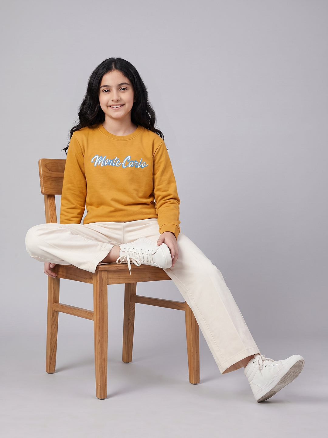 Girls Orange Printed Round Neck Full Sleeve Sweatshirt