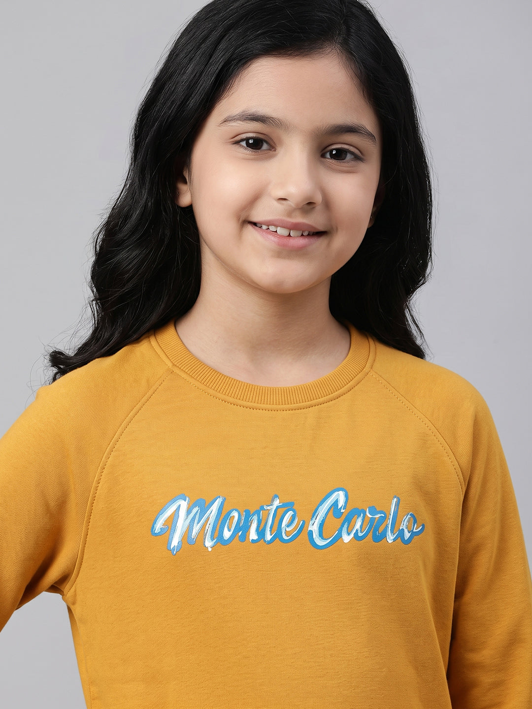 Girls Orange Printed Round Neck Full Sleeve Sweatshirt