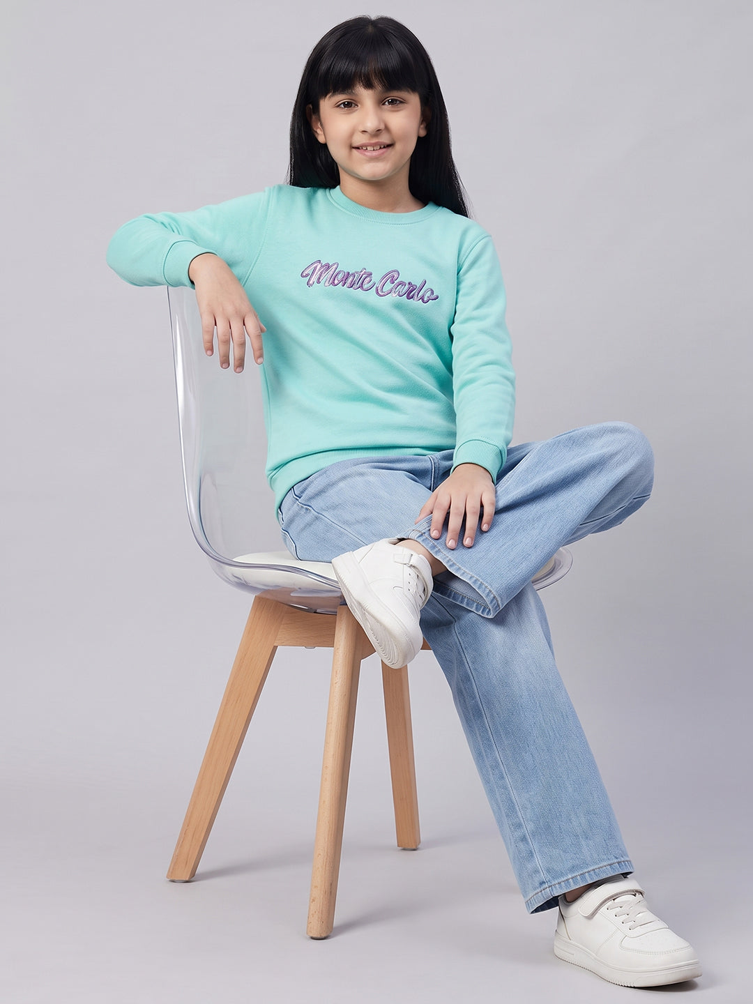 Girls Aqua Blue Printed Round Neck Full Sleeve Sweatshirt