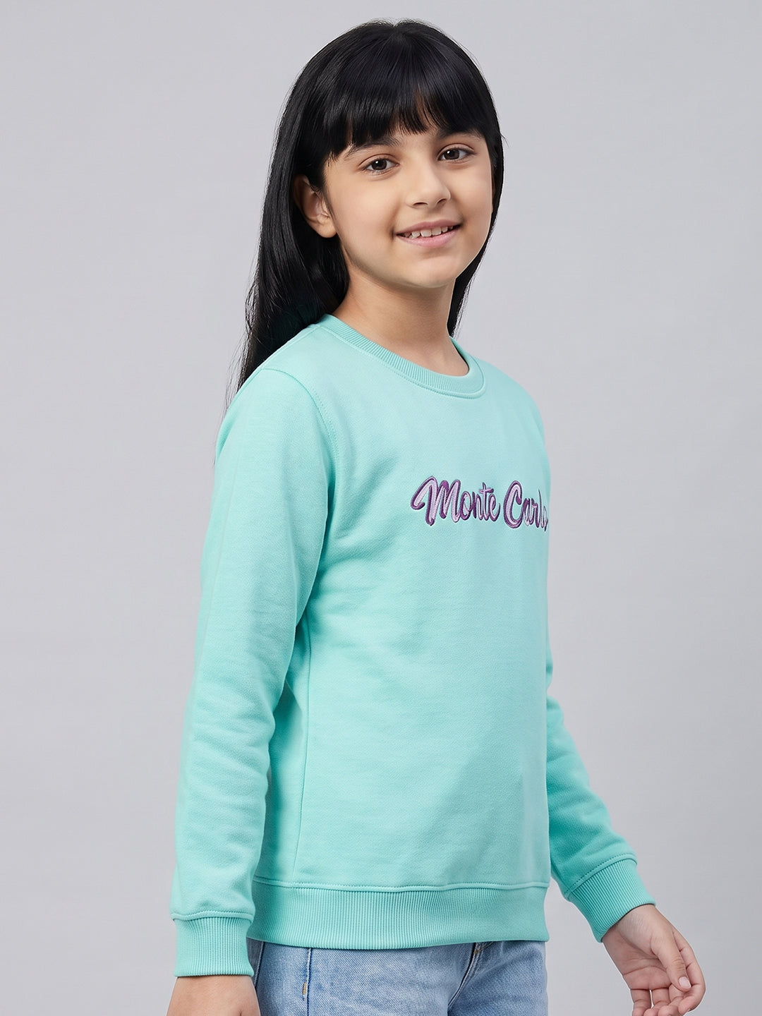 Girls Aqua Blue Printed Round Neck Full Sleeve Sweatshirt