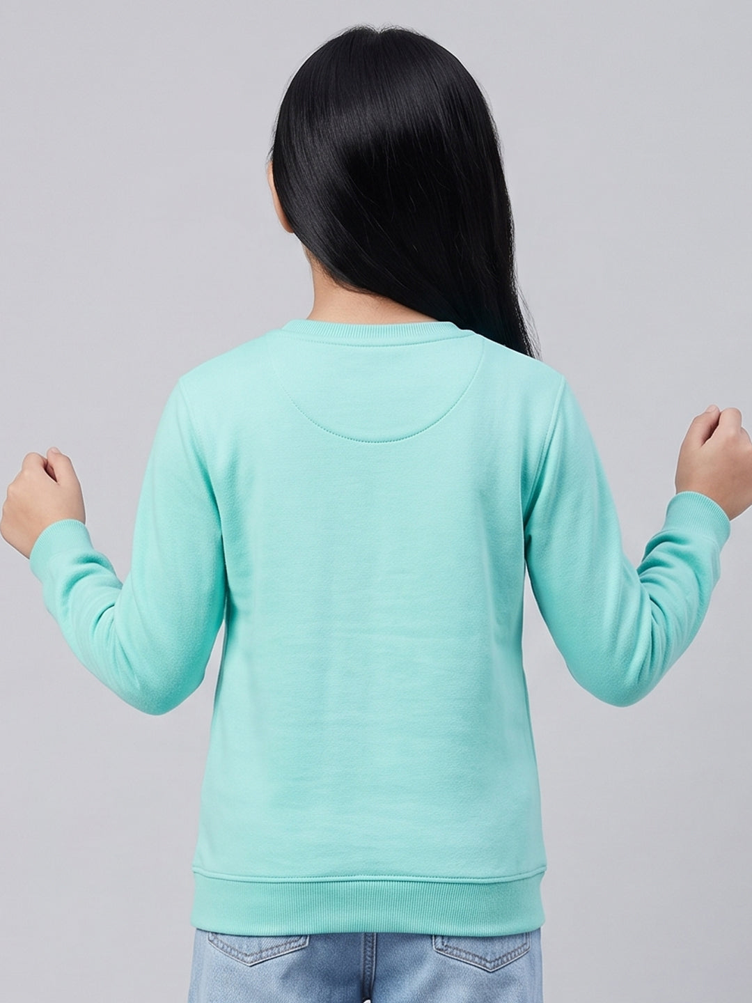 Girls Aqua Blue Printed Round Neck Full Sleeve Sweatshirt