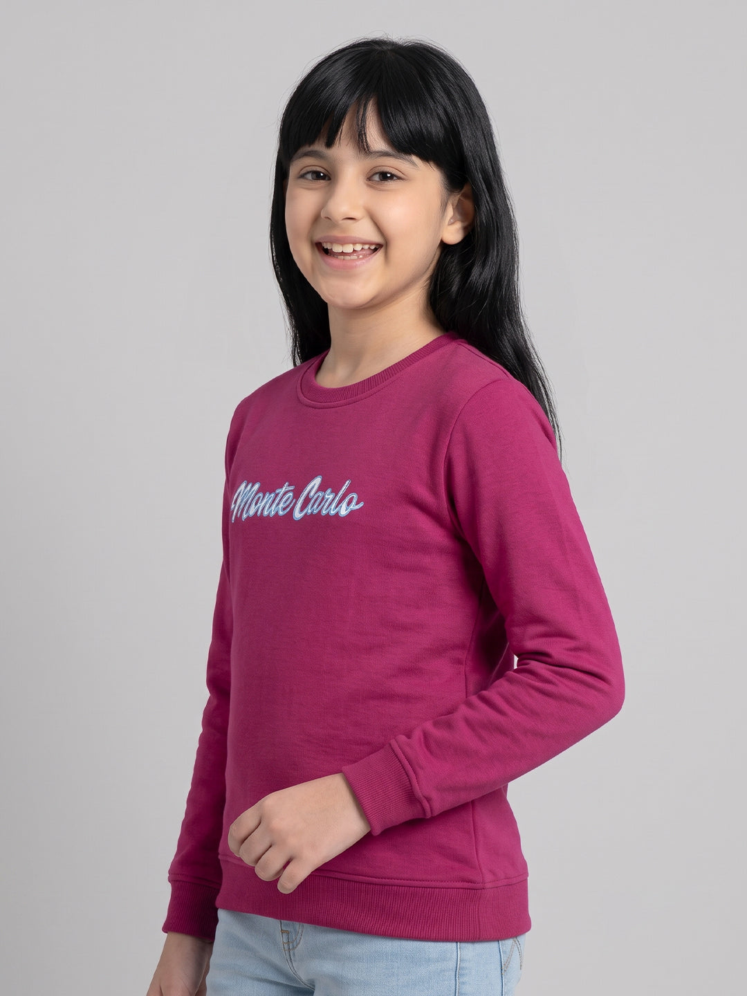 Girls Magenta Printed Round Neck Full Sleeve Sweatshirt