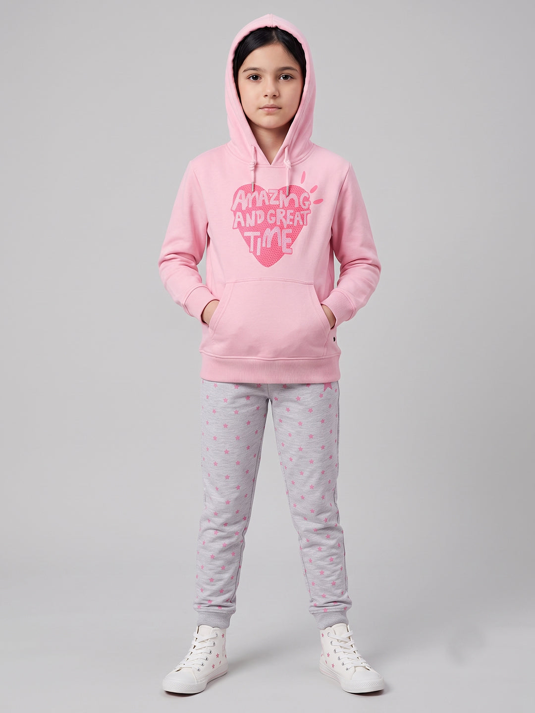 Girls Pink Printed Hooded Full Sleeve Sweatshirt