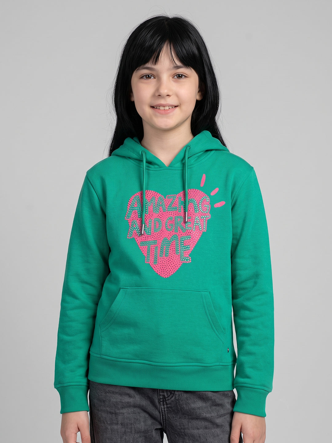 Girls Sea Green Printed Hooded Full Sleeve Sweatshirt