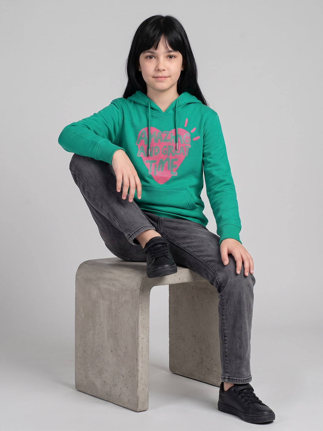 Girls Sea Green Printed Hooded Full Sleeve Sweatshirt