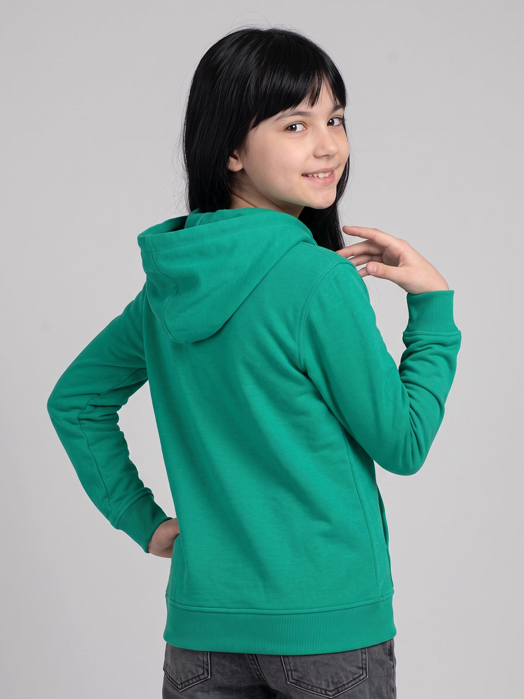 Girls Sea Green Printed Hooded Full Sleeve Sweatshirt