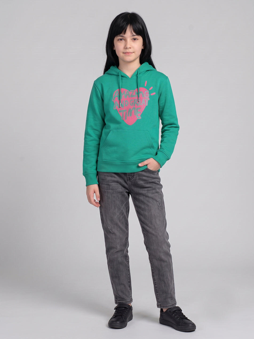 Girls Sea Green Printed Hooded Full Sleeve Sweatshirt