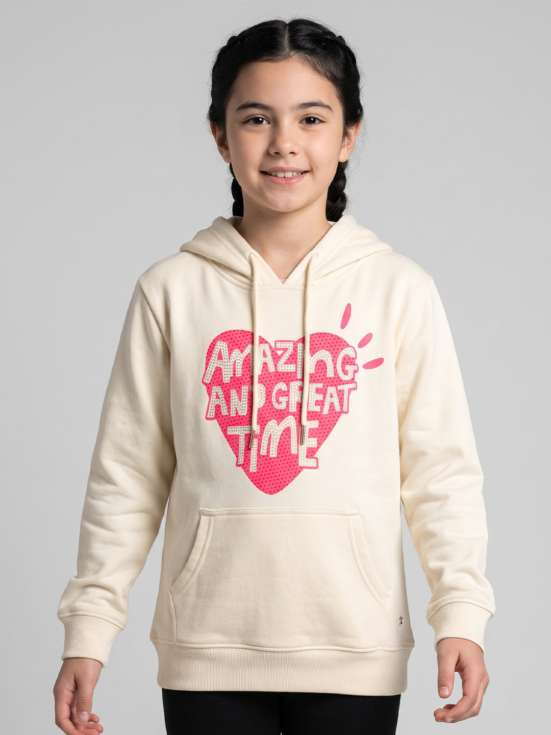 Girls Cream Printed Hooded Full Sleeve Sweatshirt