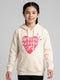 Girls Cream Printed Hooded Full Sleeve Sweatshirt