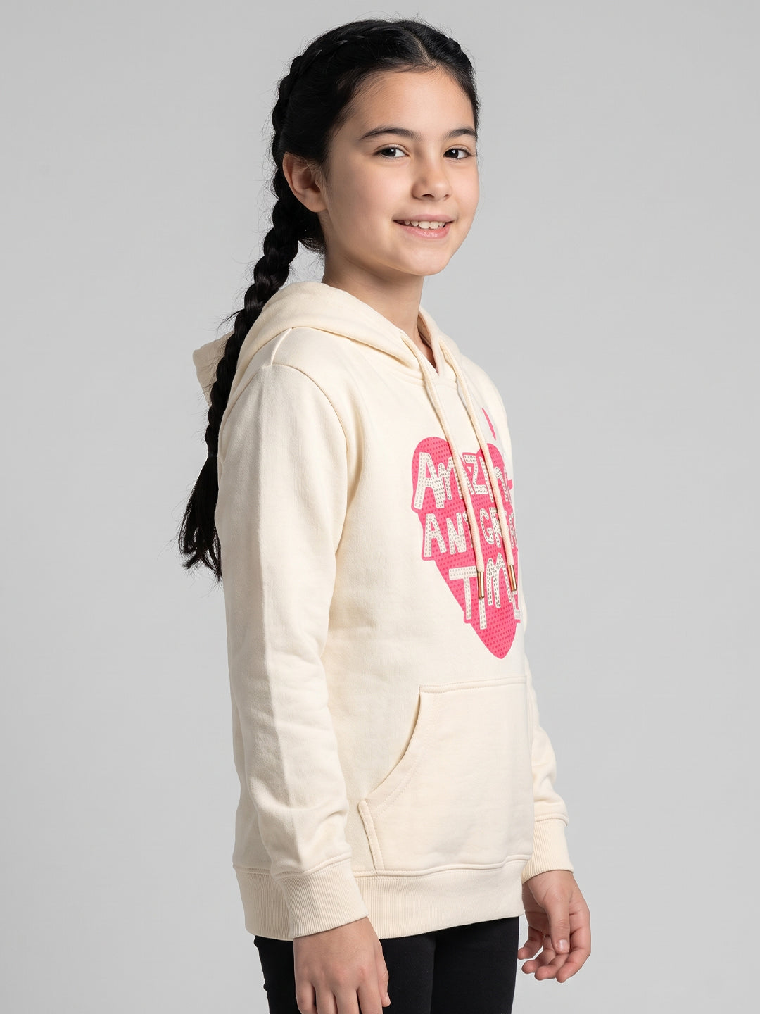 Girls Cream Printed Hooded Full Sleeve Sweatshirt