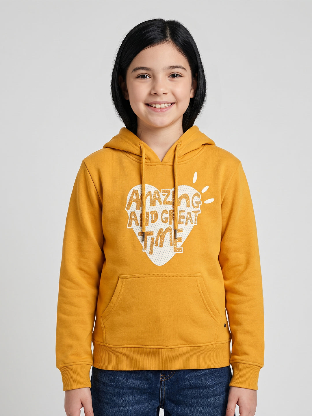 Girls Mustard Printed Hooded Full Sleeve Sweatshirt