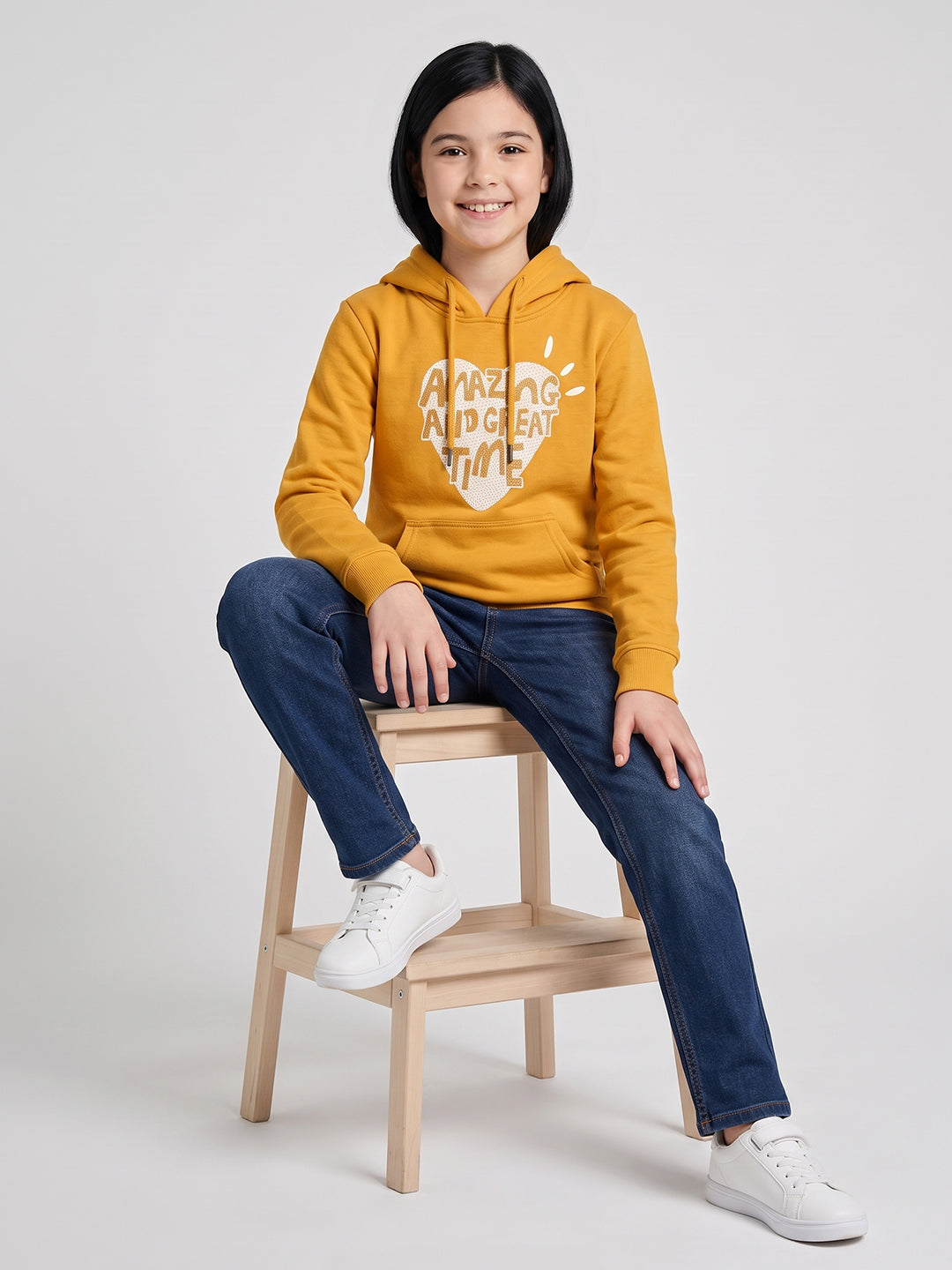Girls Mustard Printed Hooded Full Sleeve Sweatshirt