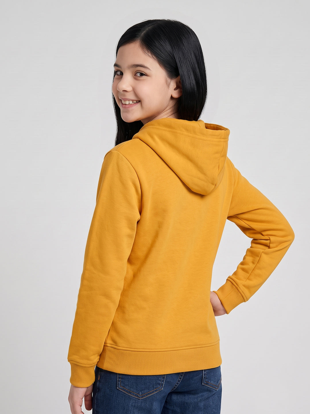 Girls Mustard Printed Hooded Full Sleeve Sweatshirt