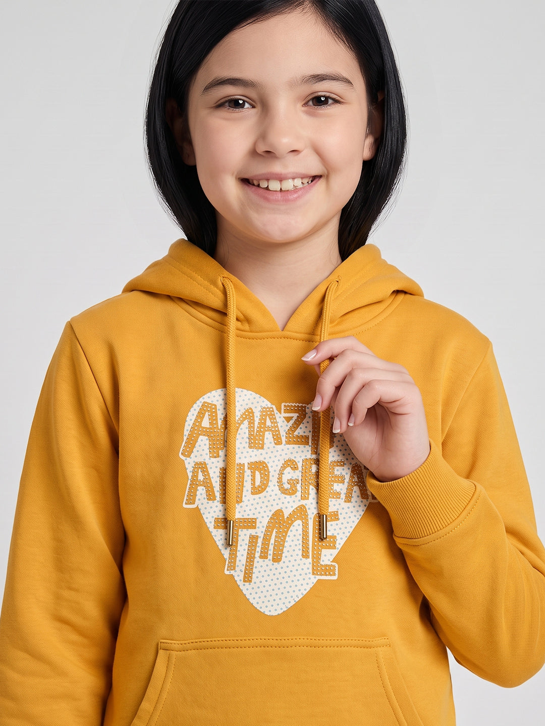 Girls Mustard Printed Hooded Full Sleeve Sweatshirt