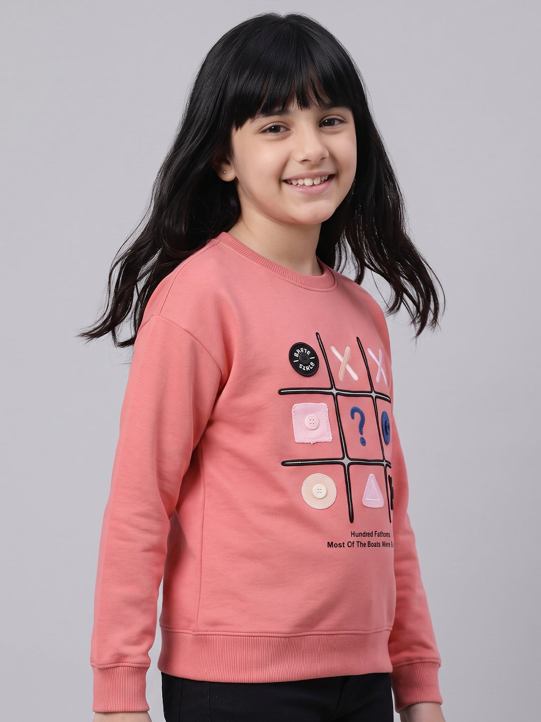 Girls Coral Embroidered Round Neck Full Sleeve Sweatshirt