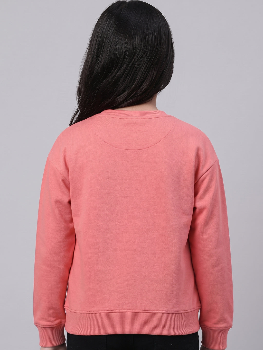 Girls Coral Embroidered Round Neck Full Sleeve Sweatshirt