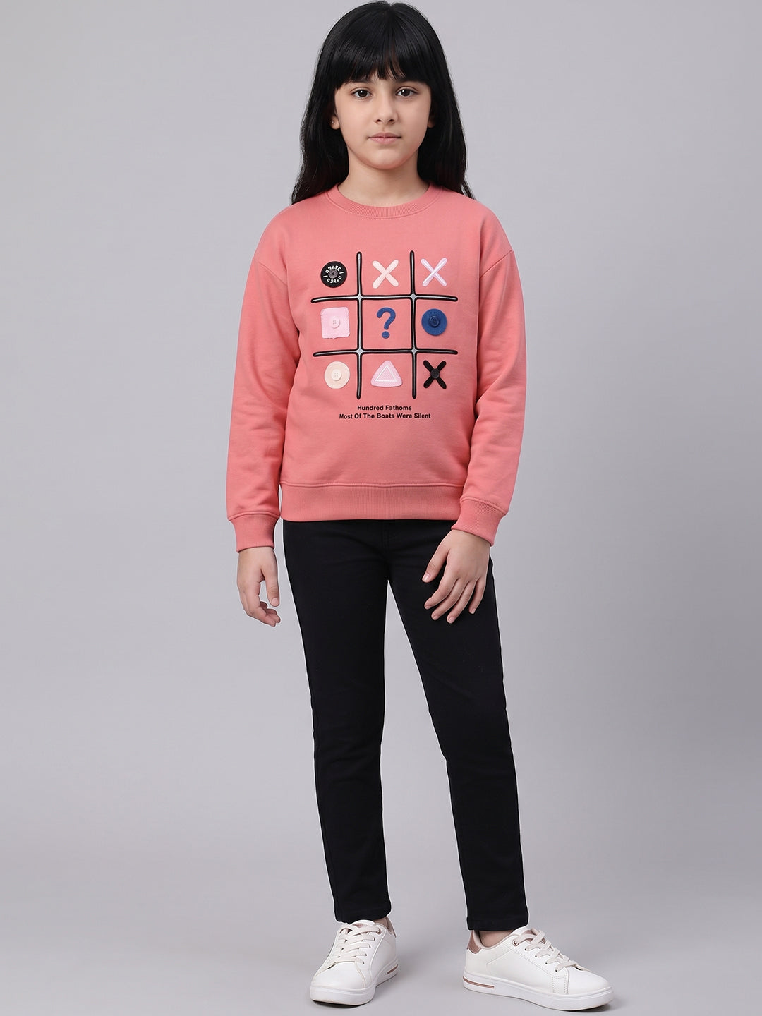 Girls Coral Embroidered Round Neck Full Sleeve Sweatshirt
