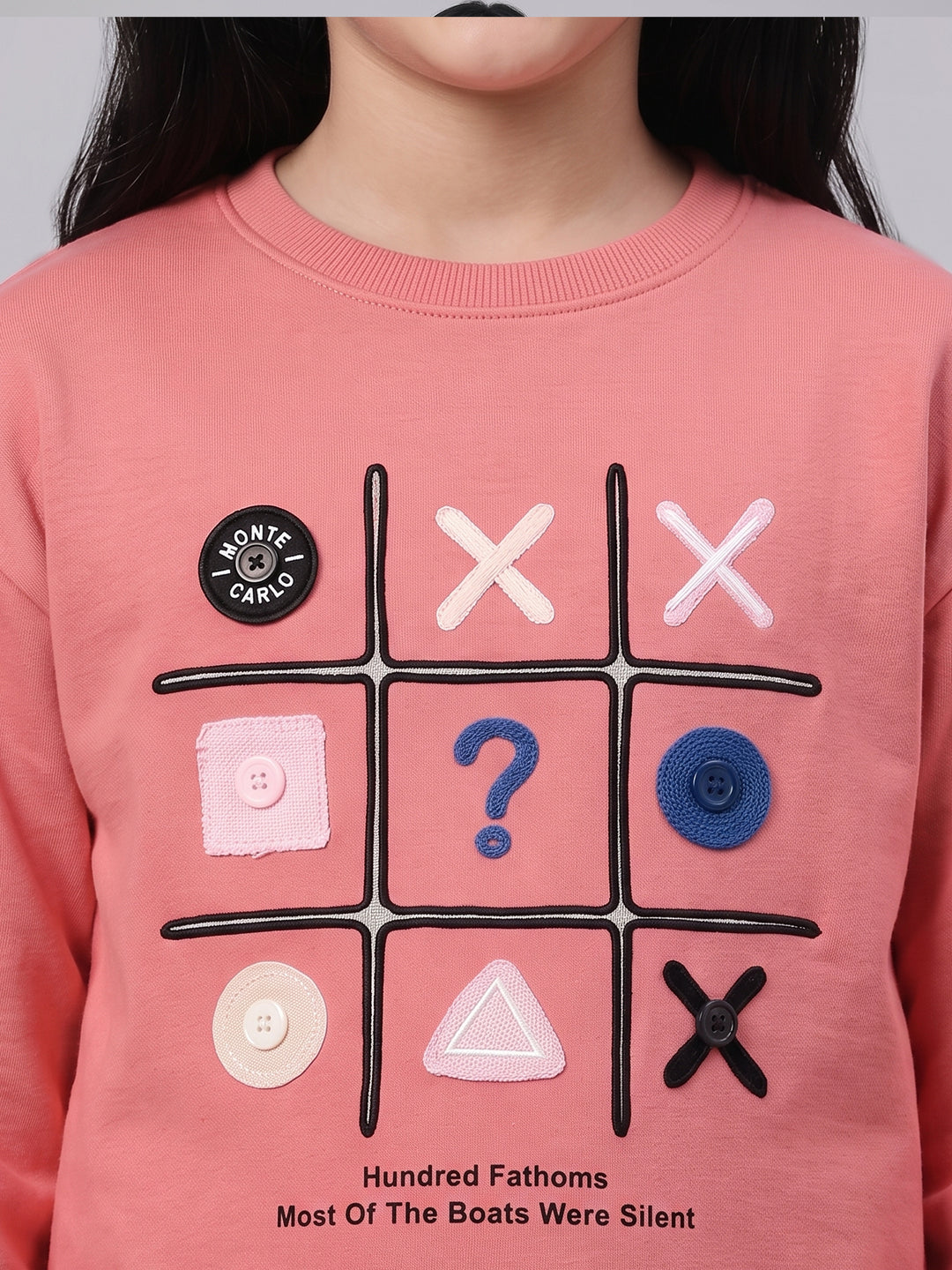 Girls Coral Embroidered Round Neck Full Sleeve Sweatshirt