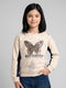 Girls Beige Printed Round Neck Full Sleeve Sweatshirt