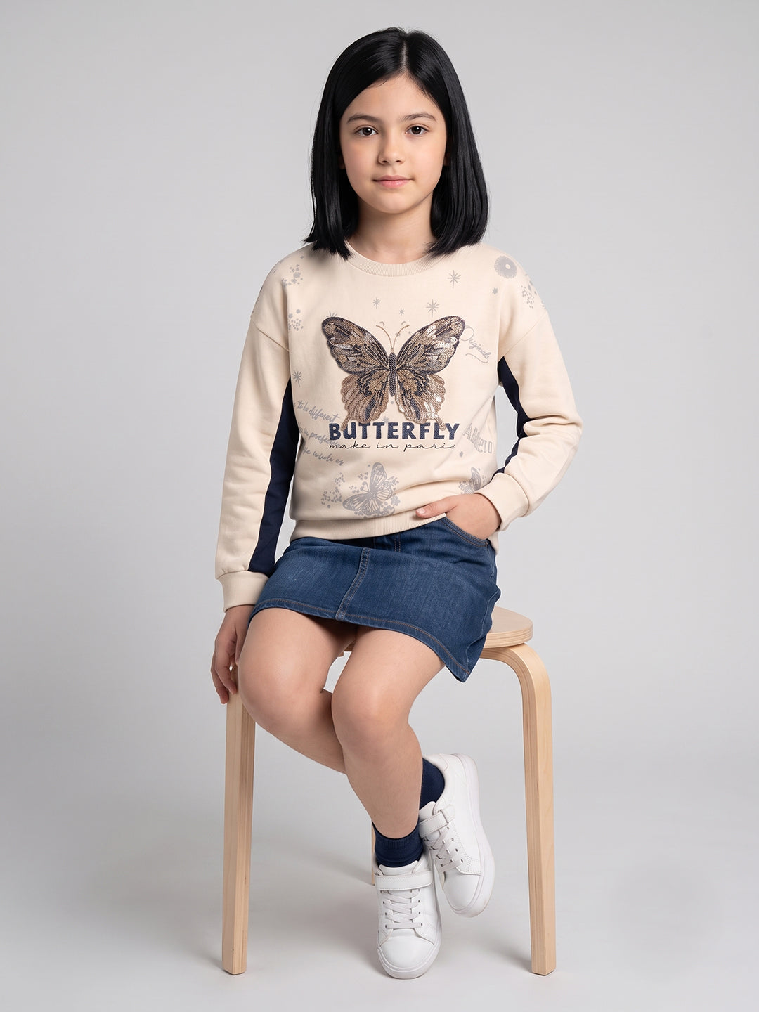 Girls Beige Printed Round Neck Full Sleeve Sweatshirt