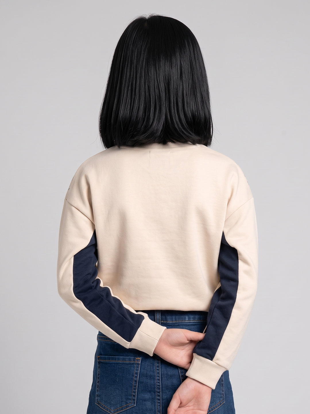 Girls Beige Printed Round Neck Full Sleeve Sweatshirt