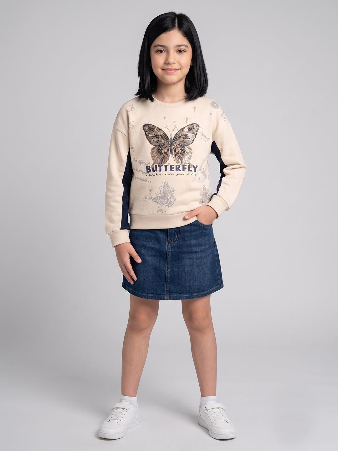 Girls Beige Printed Round Neck Full Sleeve Sweatshirt