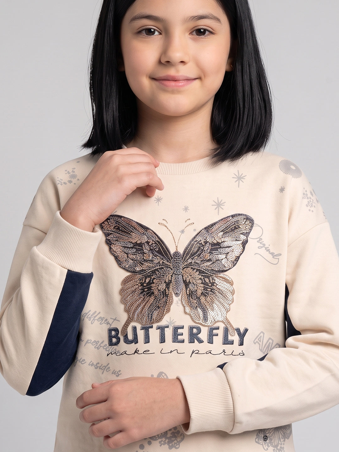 Girls Beige Printed Round Neck Full Sleeve Sweatshirt