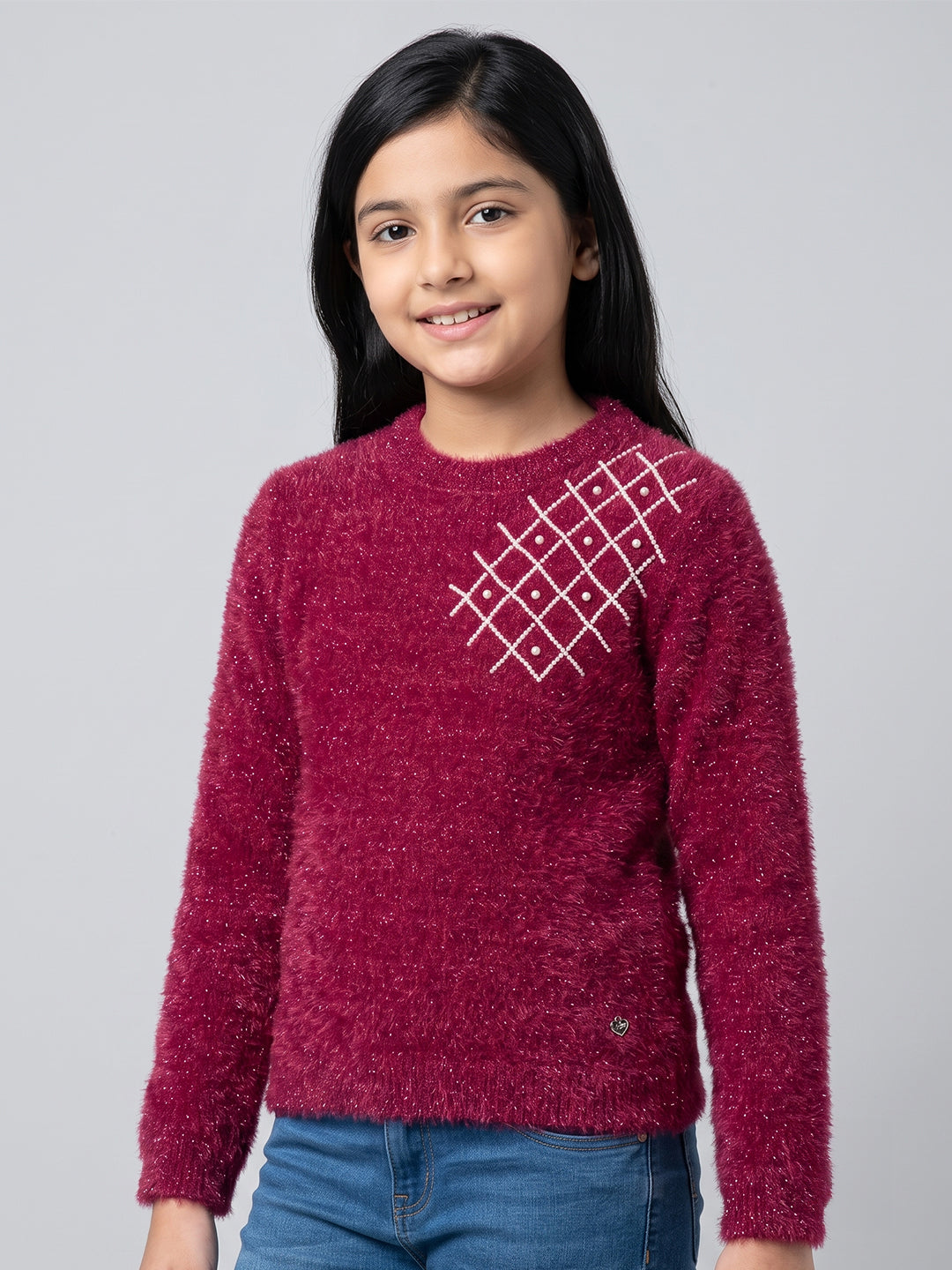 Girls Magenta Embroidered Round Neck Full Sleeve Sweatshirt