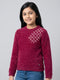 Girls Magenta Embroidered Round Neck Full Sleeve Sweatshirt