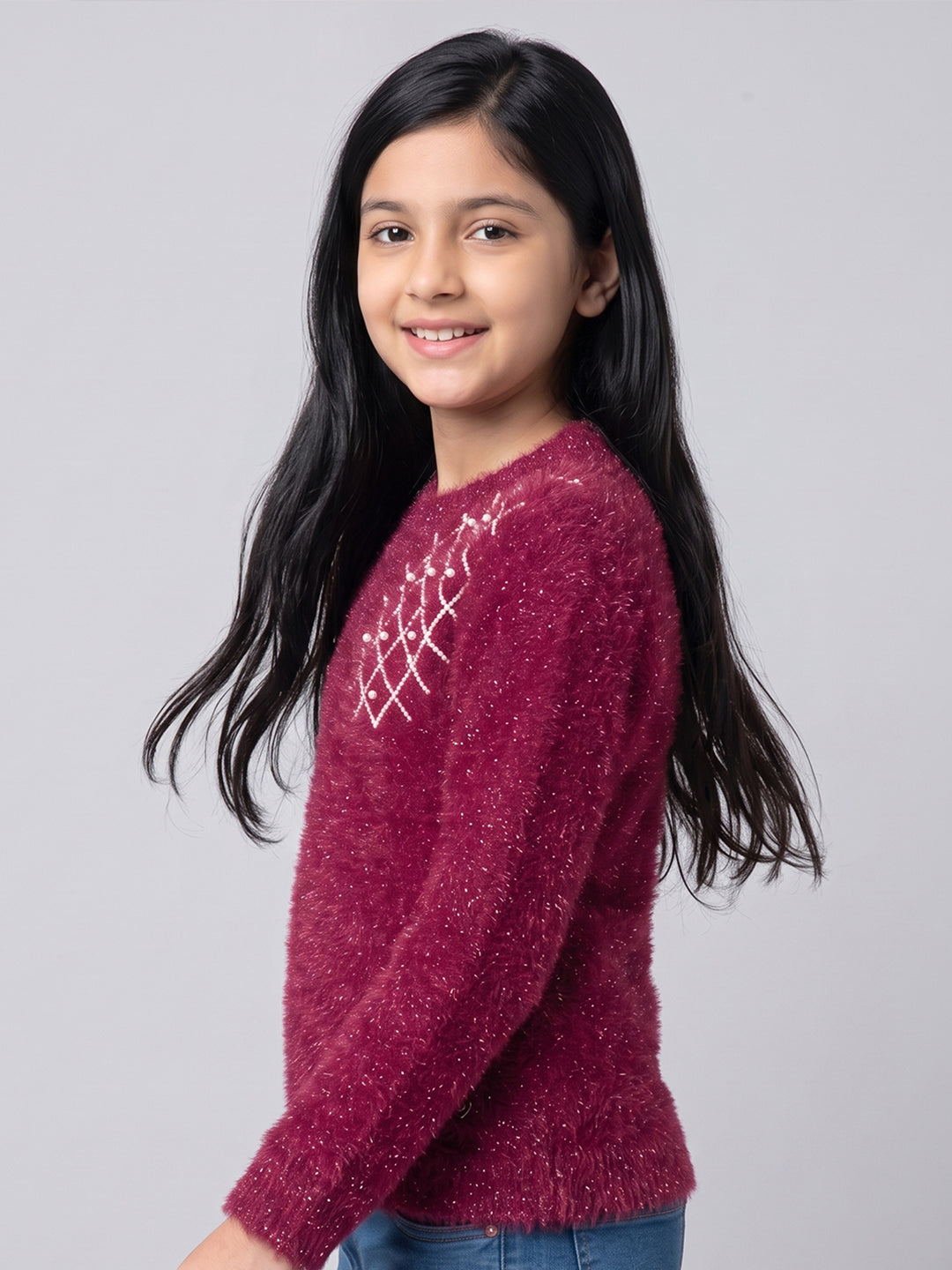 Girls Magenta Embroidered Round Neck Full Sleeve Sweatshirt