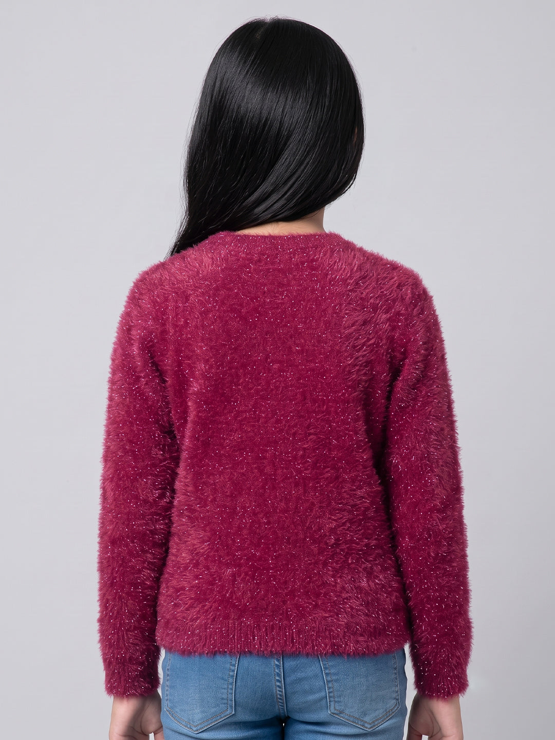 Girls Magenta Embroidered Round Neck Full Sleeve Sweatshirt