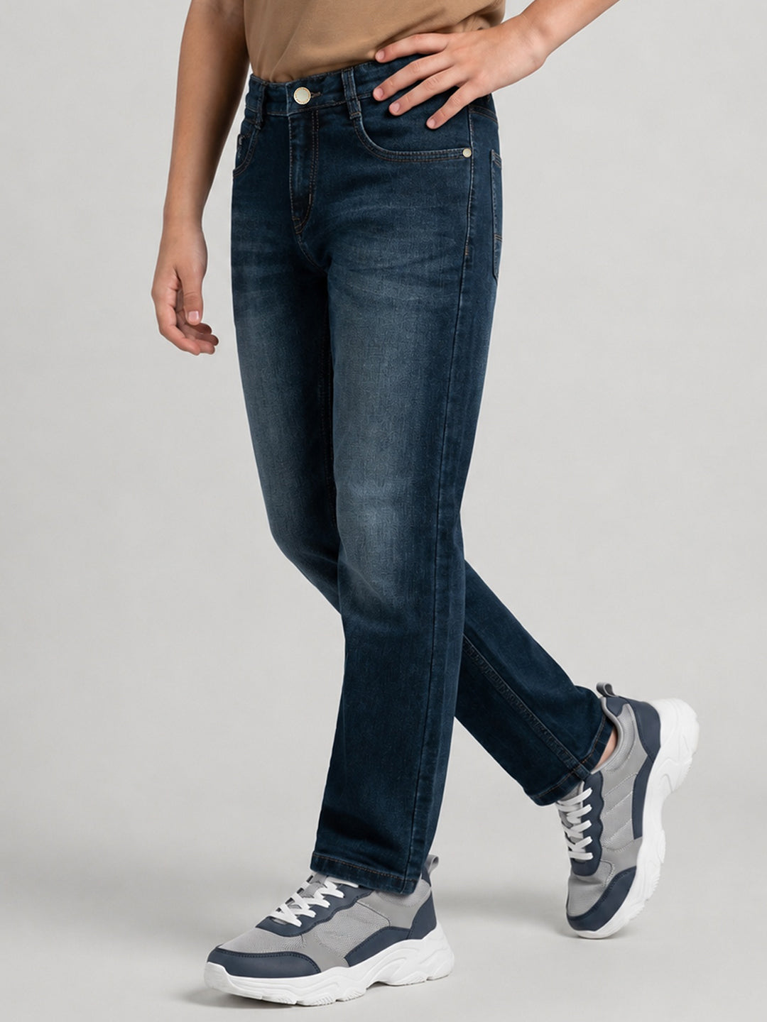 Boys Dark Blue Light Wash Straight Fit Denim