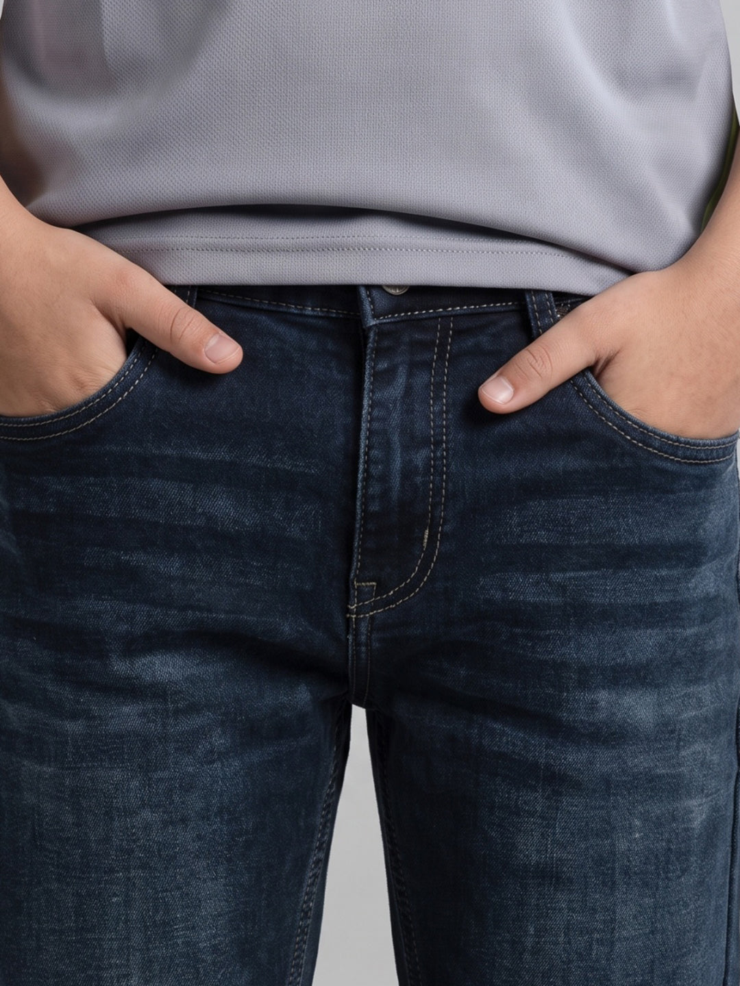 Boys Dark Blue Light Wash Slim Fit Denim